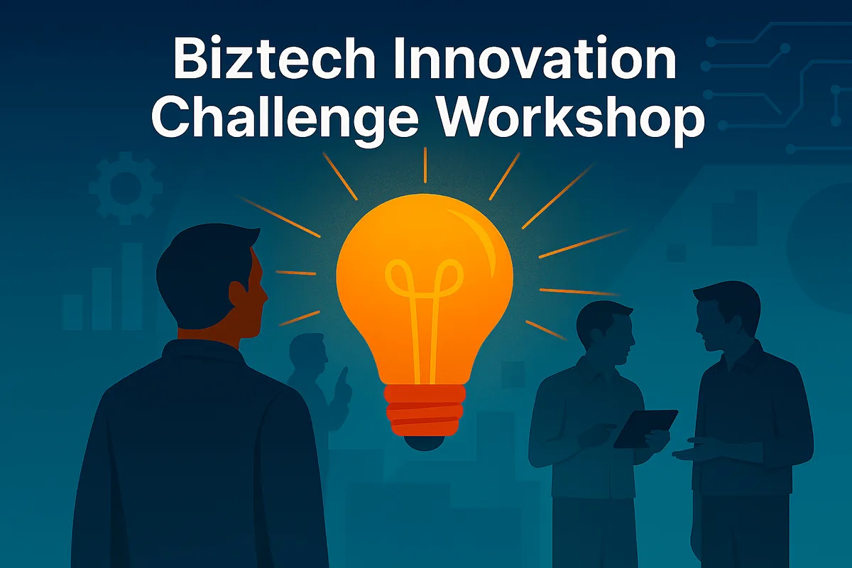 An illustration of people in discussion around a large lit light bulb, titled Biztech Innovation Challenge Workshop.
